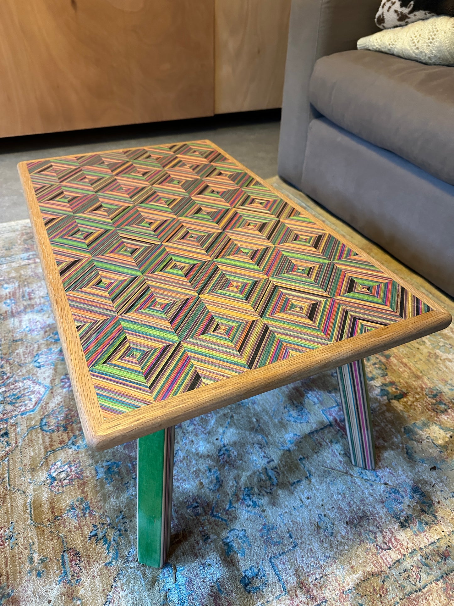 Upcycled Skateboard coffee table. Made with birch plywood & aged English oak