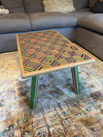 Upcycled Skateboard coffee table. Made with birch plywood & aged English oak