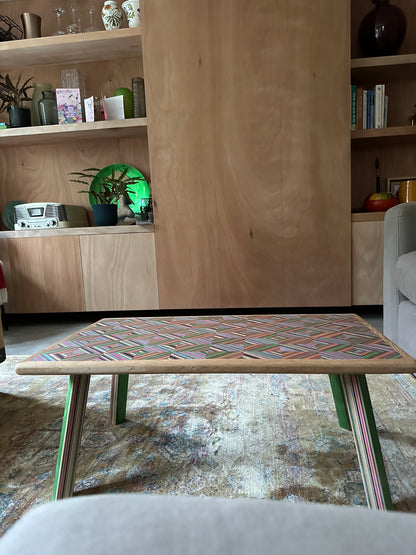 Upcycled Skateboard coffee table. Made with birch plywood & aged English oak