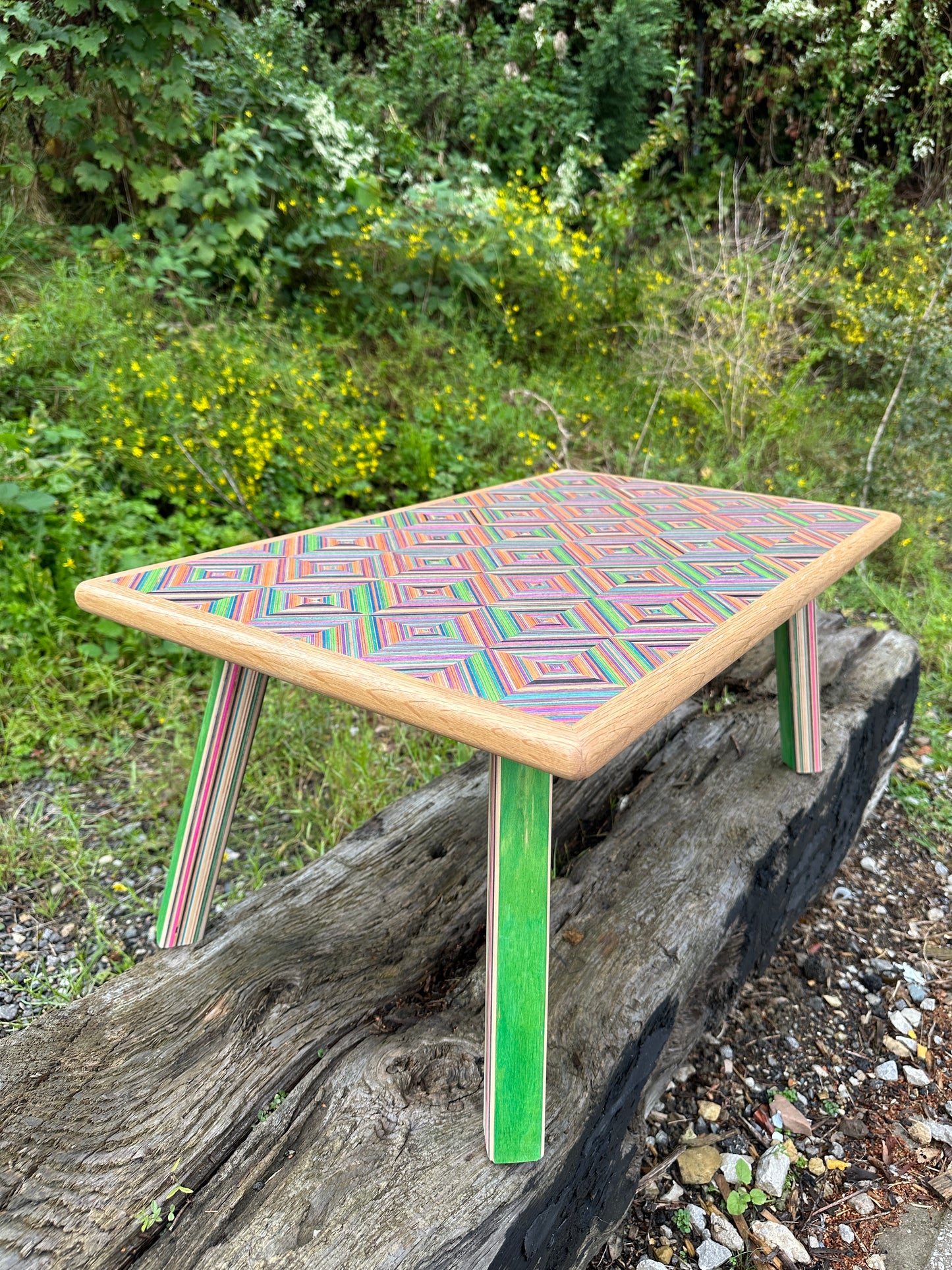 Upcycled Skateboard coffee table. Made with birch plywood & aged English oak