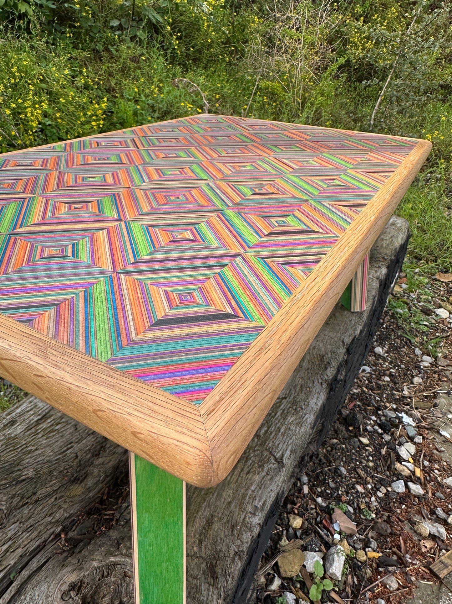 Upcycled Skateboard coffee table. Made with birch plywood & aged English oak