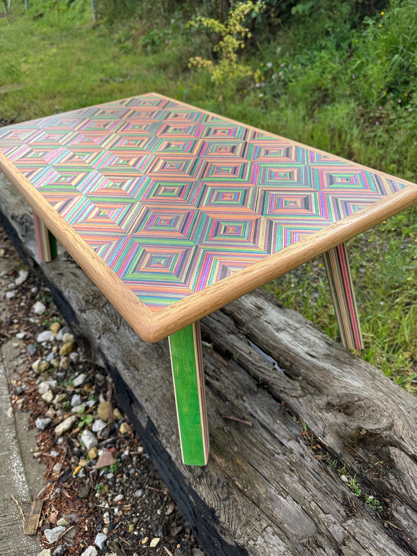 Upcycled Skateboard coffee table. Made with birch plywood & aged English oak