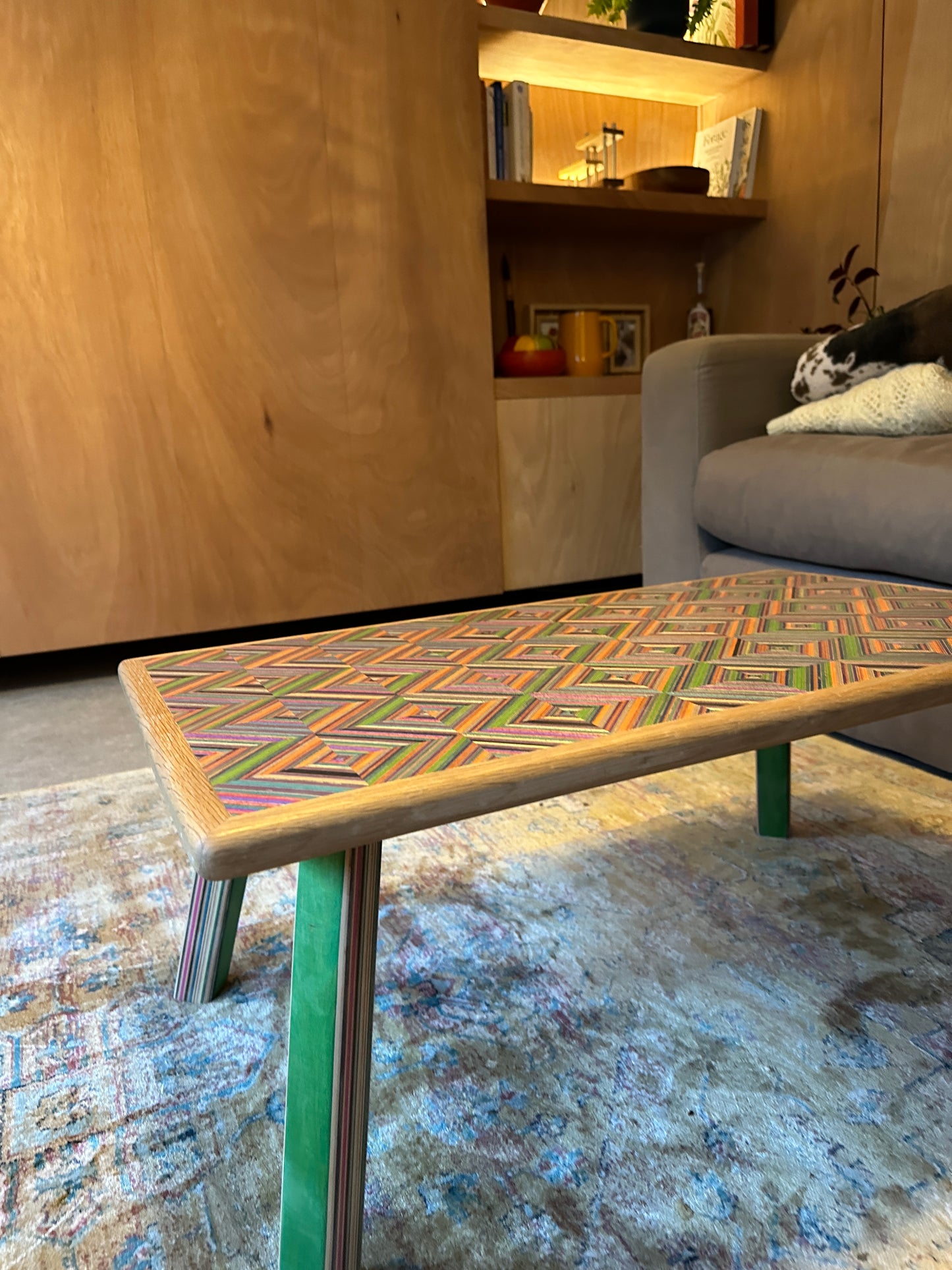Upcycled Skateboard coffee table. Made with birch plywood & aged English oak